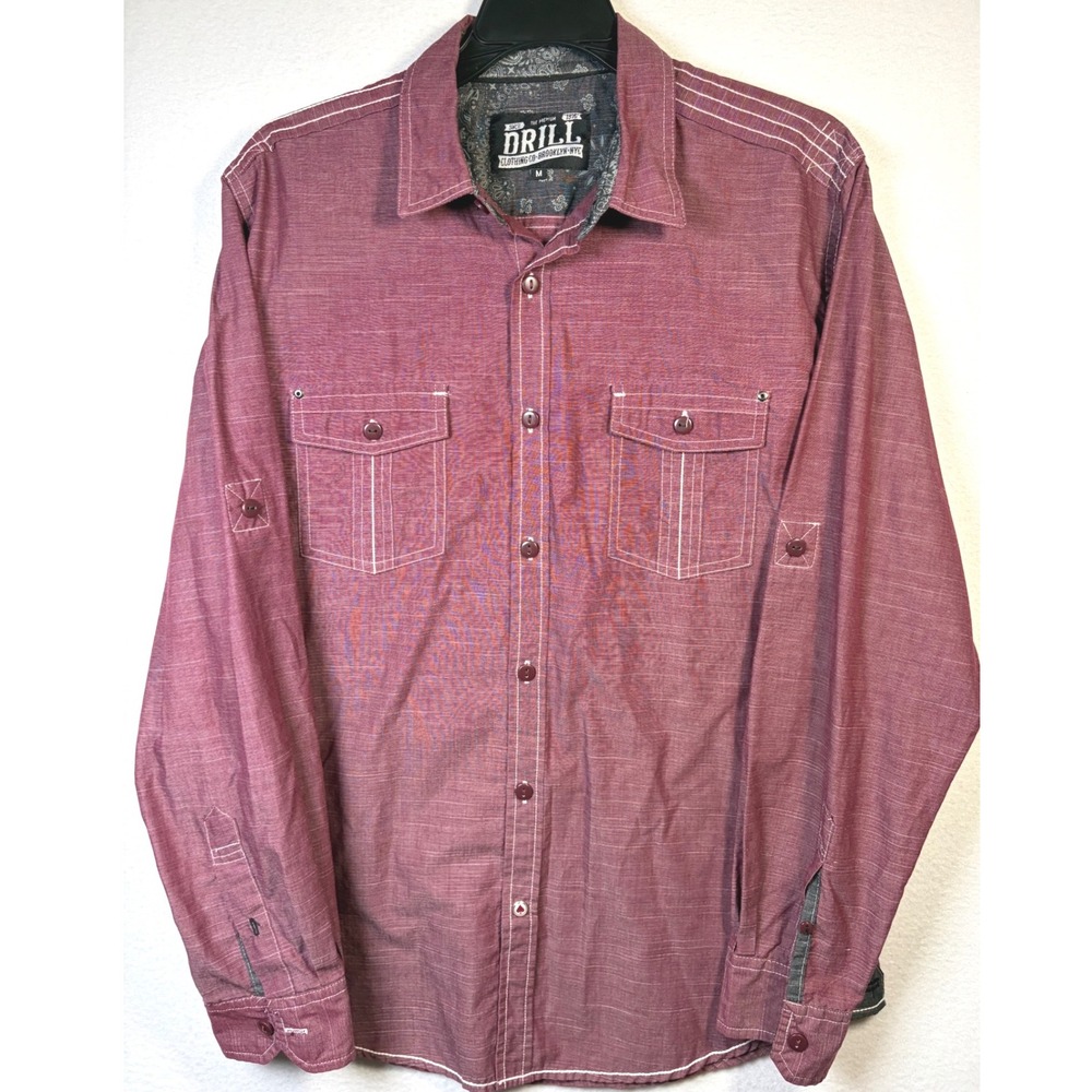 Drill Button Down Shirt Mens Medium Red Excellent Long Sleeve Roll Tab Contrast